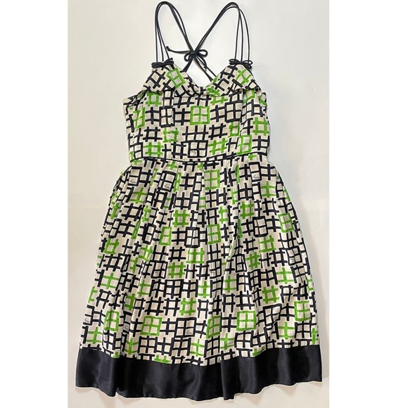 MILLY 100% Silk Green, Black & Cream Strappy Geometric Summer Dress Sz 6 - Picture 1 of 10